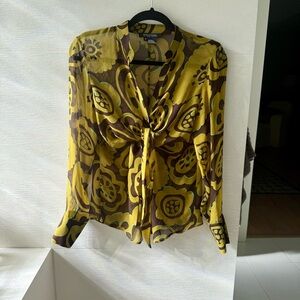 Etcetera Silk Green Floral Printed Button Down Tie Front Blouse Sz 6 Wicked 70s